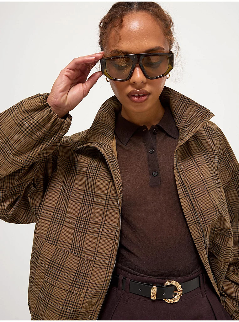 Tan Check Funnel Neck Bomber Jacket and Pinafore Outfit | George