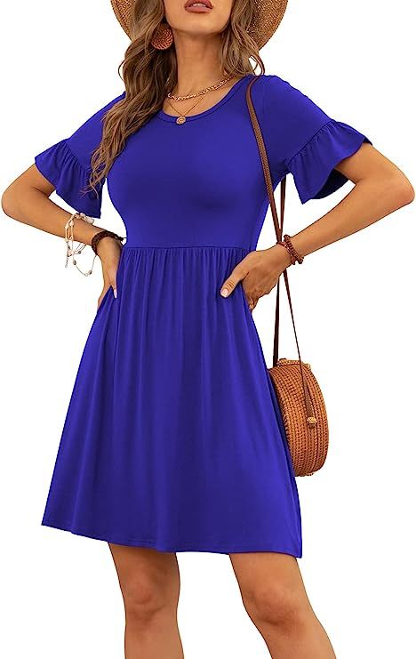 VIISHOW Women's Summer Dress Ruffle Sleeve Round Neck Mini Dress Solid Color/Floral Print Loose C... | Amazon (US)