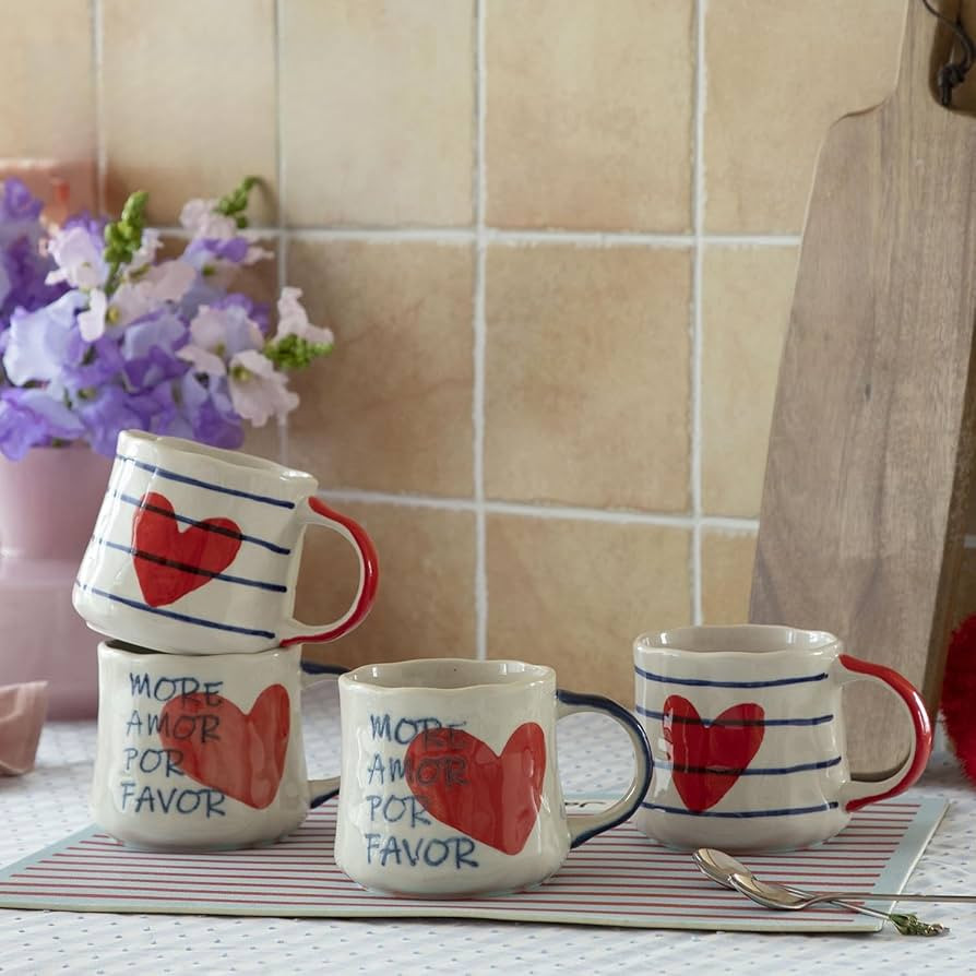 Unique Coffee Mug Gift Set of 4 - Cute 16oz Ceramic Cups with More Amor Por Favor Heart Art, Colo... | Amazon (US)