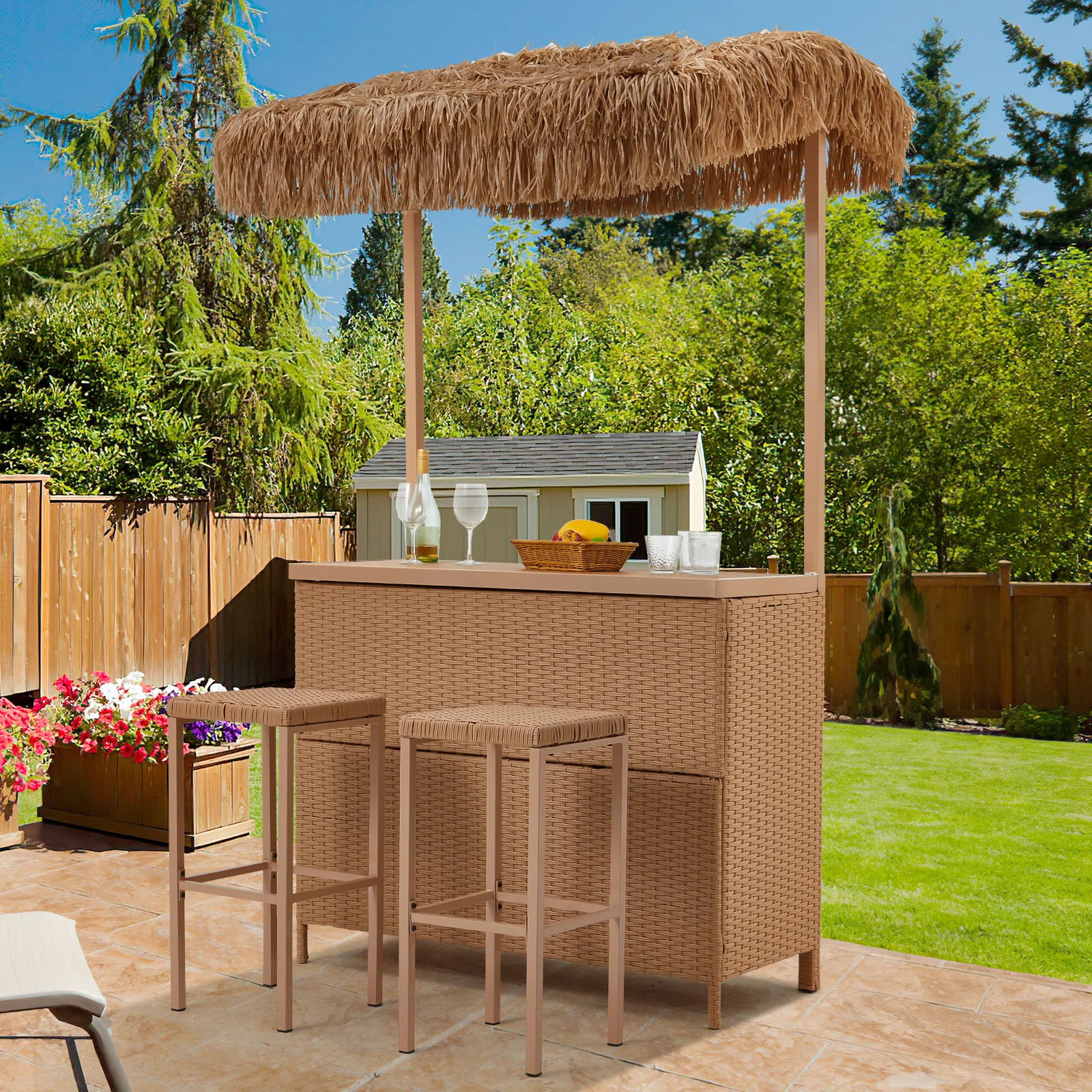 Outdoor Tiki Bar Set, Wicker Patio Bar w/2 Stools, Storage Shelf for Backyard Poolside Garden | Wayfair North America