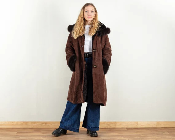 Hooded Sheepskin Coat Vintage Penny Lane Brown Coat Shearl | Etsy | Etsy (US)