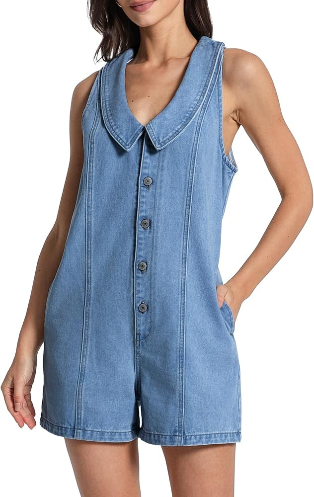 Kedera Women's Sleeveless Summer Denim Romper Sailor Collar Neck Button Up Jean Jumpsuits Casual ... | Amazon (US)