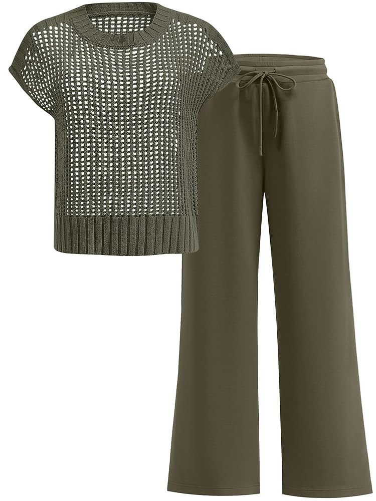Women Two Piece Outfits Crochet Sheer Knit Sweater Top Wide Leg Pants Lounge Matching Sets Sweats... | Amazon (US)