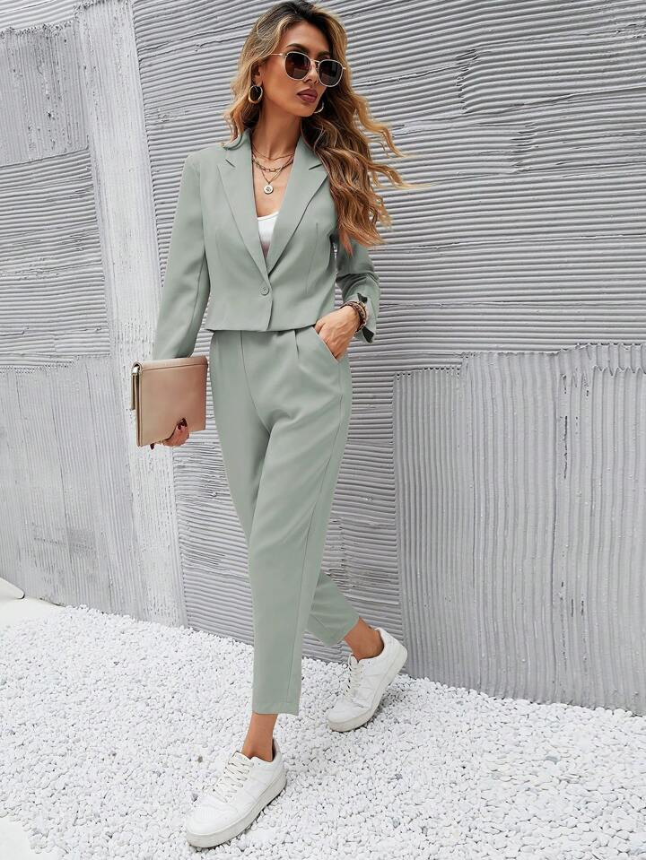 SHEIN Frenchy Solid Single Button Crop Blazer And Slant Pocket Tailored Pants | SHEIN