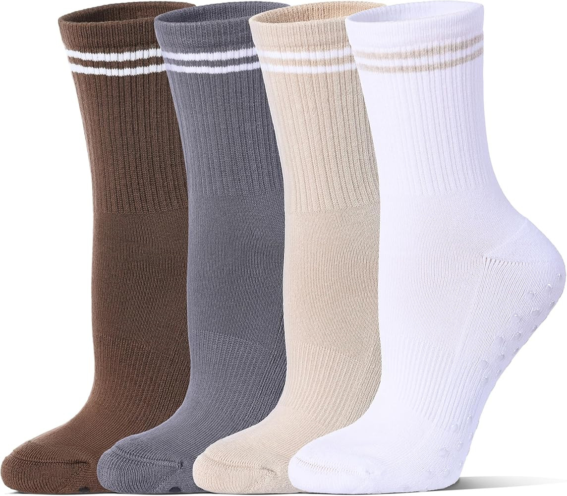 Pilates Grippy Socks for Women Striped Crew Cotton Cushioned Non-Slip Yoga Barre Workout Socks 4 ... | Amazon (US)