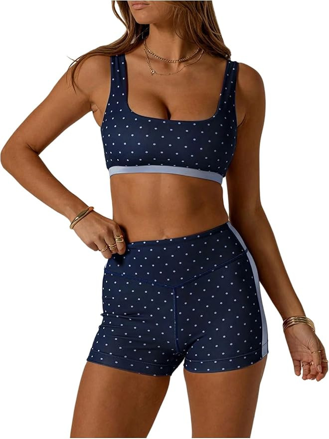 Milumia Women's Polka Dots Workout Set 2 Piece Color Block Yoga Outfit Bra Tank High Waisted Bike... | Amazon (US)