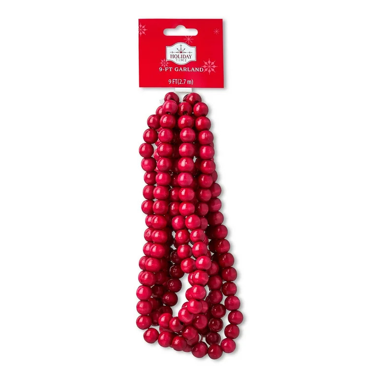 Round 14mm Wood Bead Christmas Garland, Red, 9', by Holiday Time | Walmart (US)