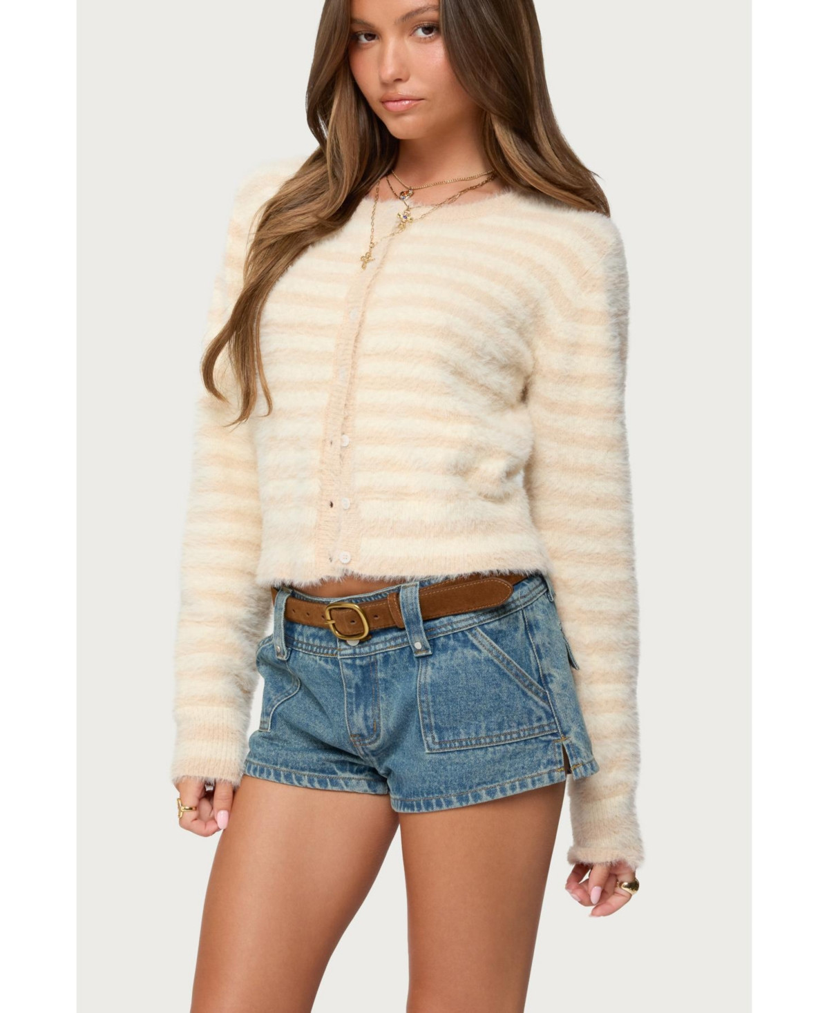 Edikted Women's Aria Striped Fuzzy Knit Cardigan - Cream | Macy's