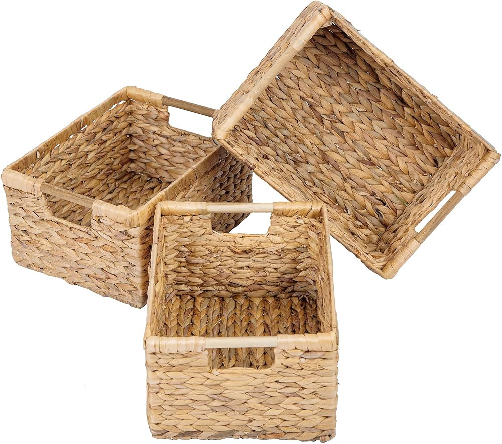 Large Wicker Basket Rectangular with Wooden Handles for Shelves, Water Hyacinth Basket Storage, N... | Amazon (US)