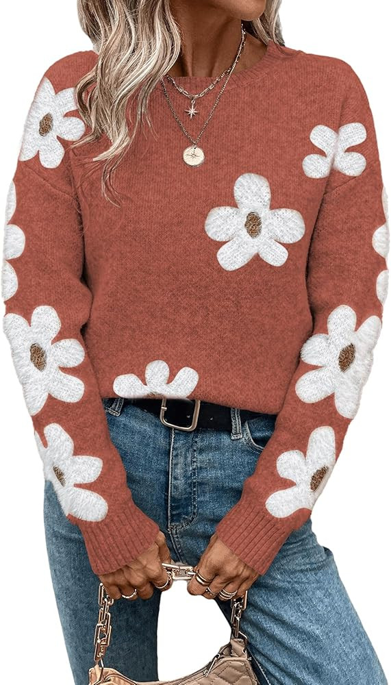 SHENHE Women's Floral Pattern Crewneck Long Sleeve Drop Shoulder Sweaters Pullover Tops | Amazon (US)