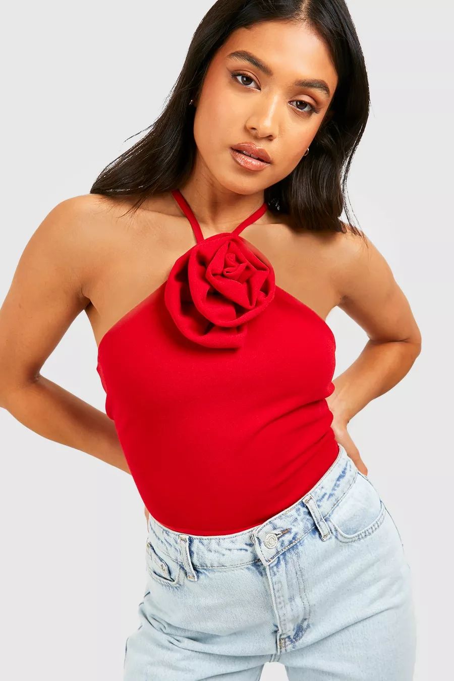 Petite Rose Corsage Halter Bodysuit | Boohoo.com (US & CA)