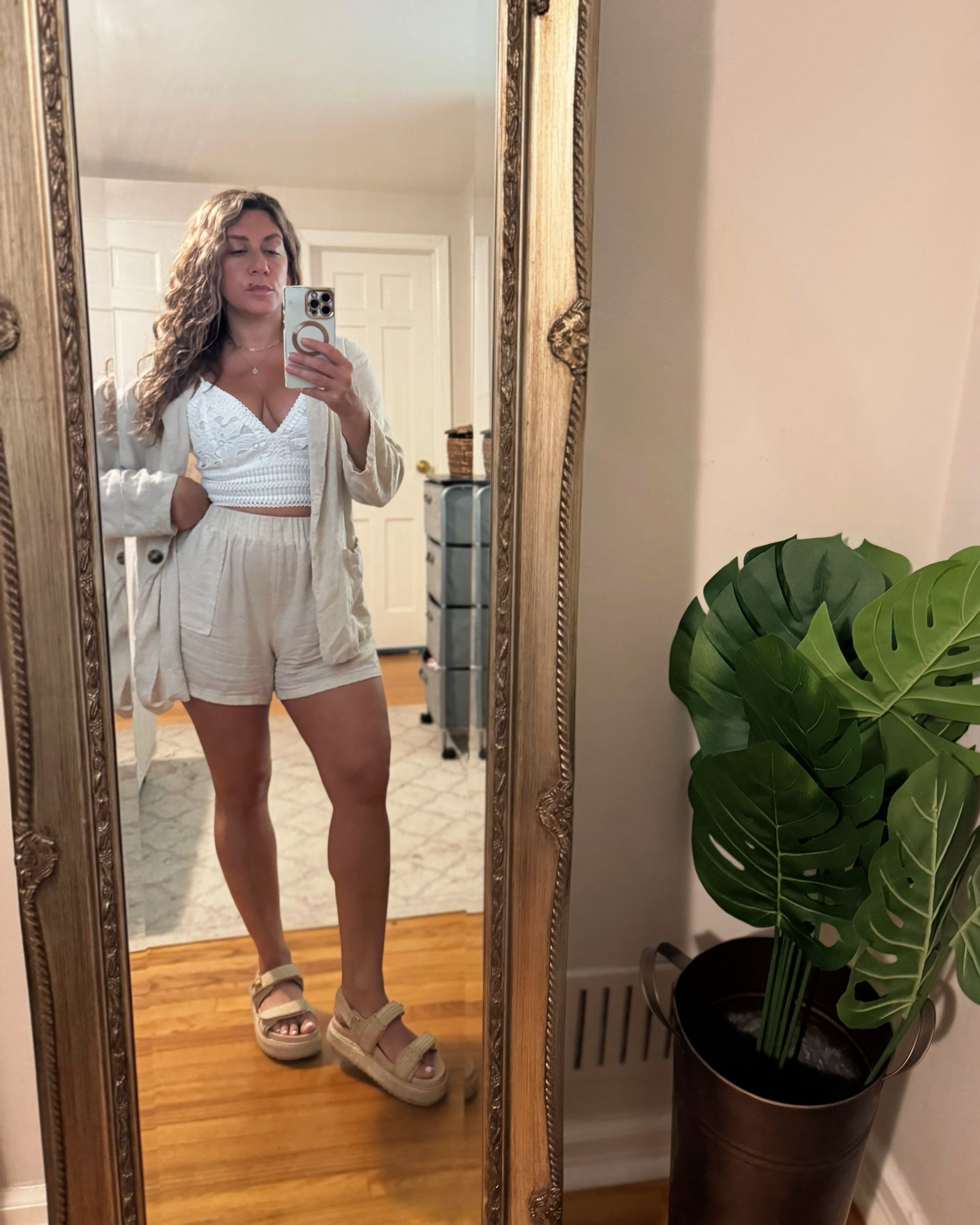 Relaxed summer day into night🌞￼ I love this relaxed summer linen look with crochet top that is perfect for a casual meeting, or coffee, date, and seamlessly turns into an evening outfit with a change of shoes and jewelry.  Wearing a small in all.  *Note top is snug to pull on if you are a small, with a 32 C++ cup because there is zero stretch. I’d size up on that if so. Shorts have an elastic band that is very stretch and I love that they’re easy to pull on. I  also linked a similar blazer to complete the look — the one I’m wearing is an old fave but this one is just as good! #amazonfinds #ootd #petitestyle #hourglassstyles

#LTKootd #LTKSeasonal #LTKTravel