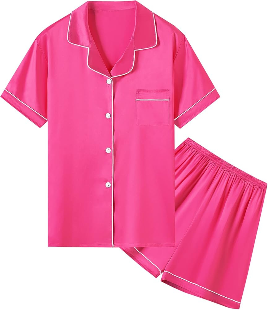 Umeyda Women & Girls Silk Satin Pajamas Set, Soft Lightweight Button-Down Top with Shorts 2 Piece... | Amazon (US)