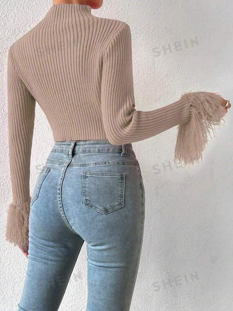 SHEIN Allurite Solid Color Half High Neck Cropped Sweater | SHEIN