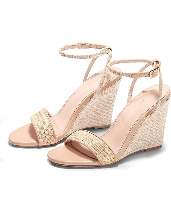 Coutgo Womens Wedges Heels Sandals Espadrilles Raffia Open Toe Ankle Strap Straw Summer Beach Sho... | Amazon (US)