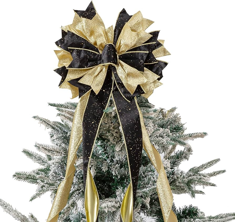 Black Golden Christmas Tree Topper, 40x13 Inches Toppers Bow with Glitter Satin Mesh Streamer and... | Amazon (US)