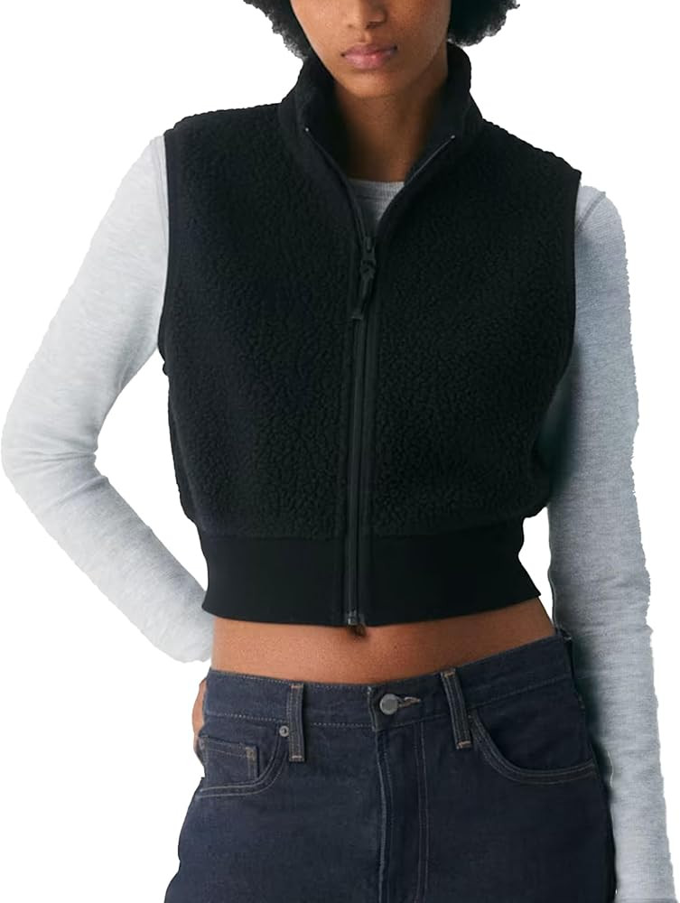 Cropped Fleece Vest for Women Stand Collar Sleeveless Sherpa Jacket Vests Elastic Waist Full Zipp... | Amazon (US)
