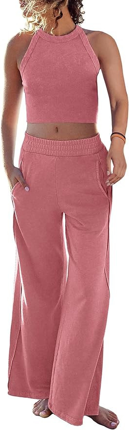 Ugerlov Women's Two Piece Summer Sets Ribbed Tank Crop Top Wide Leg Pants 2 Piece Outfits Matchin... | Amazon (US)