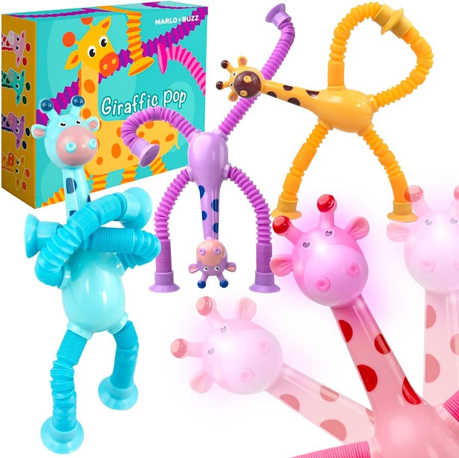 Marlo&Buzz 4pcs LED Telescopic Suction Cup Pop Tube Giraffe Animal Toys, Sensory Pop Tubes Animal... | Amazon (US)