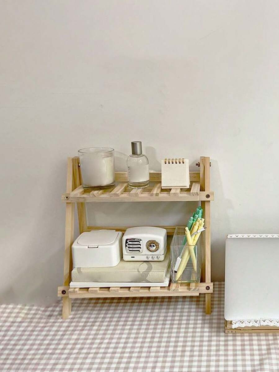 1pc Solid Wood Double-Layer Trapezoidal Desktop Storage Rack, Ins Style Minimalist Dormitory Orga... | SHEIN