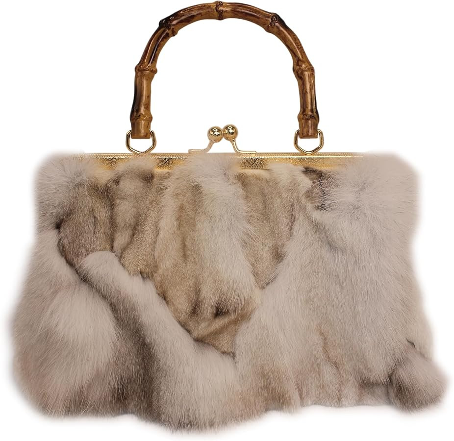 Fosrion Real Fox Fur Handbag – Vintage Kisslock Purse with Bamboo Handle, Patchwork from Ethica... | Amazon (US)