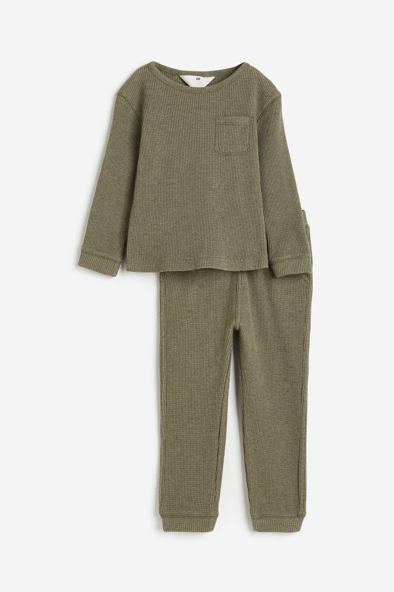 2-piece Waffled Jersey Set - Dark khaki green - Kids | H&M US | H&M (US + CA)