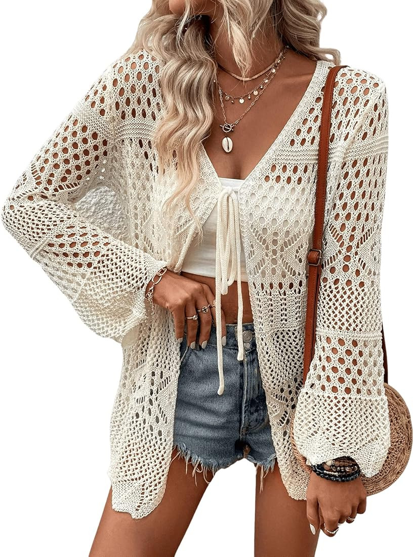 Verdusa Women's Tie Front Long Sleeve Hollow Out Sheer Kimono Cardigan Cover Up | Amazon (US)