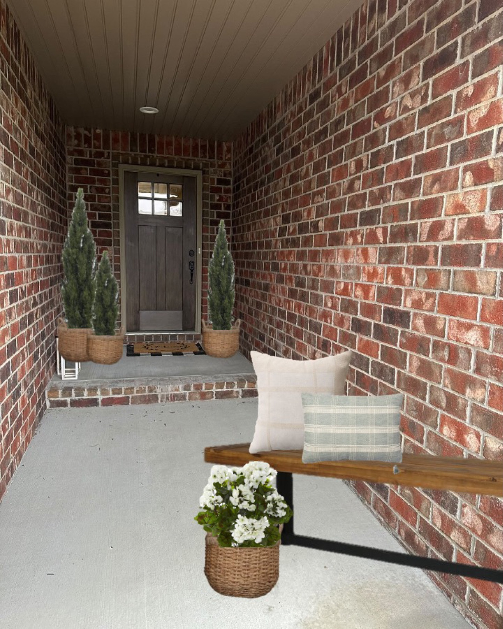 Long narrow recessed inset front entry way entryway entrance front door single entry door off center asymmetrical front porch design cedar trees faux artificial florals flowers outdoor woven baskets bench throw pillows geraniums hydrangeas curb appeal home decor outdoor living exterior design target Amazon nearly natural 

#LTKhome #LTKFind #LTKSeasonal