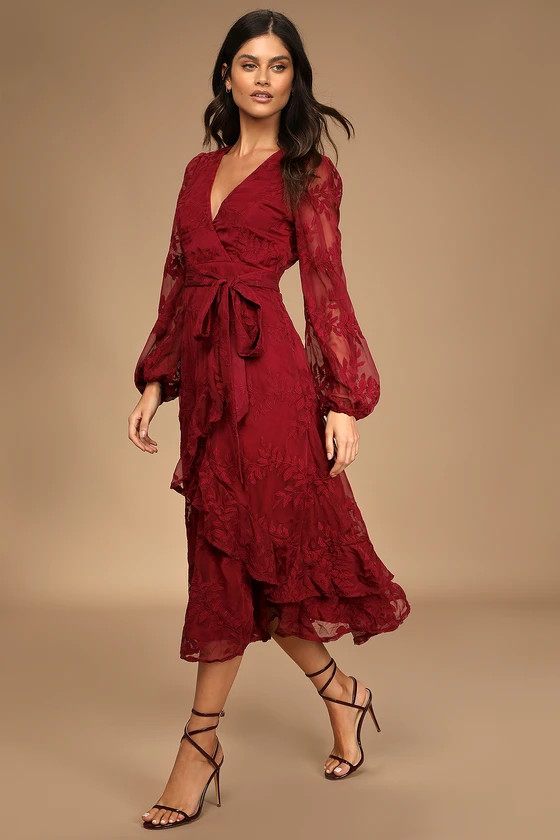 Spectacular Feeling Burgundy Embroidered Faux Wrap Midi Dress | Lulus