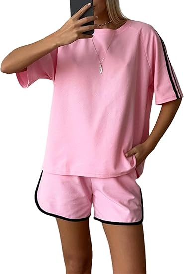 Dqbeng Two Piece Sets for Women Summer Lounge Set Short Sleeve Crewneck Tops and Drawstring Short... | Amazon (US)