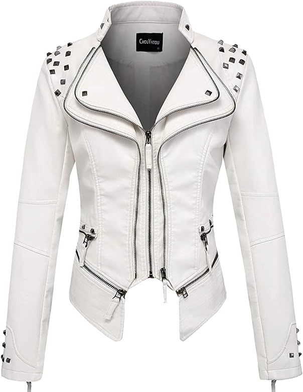 chouyatou Women's Fashion Studded Perfectly Shaping Faux Leather Biker Jacket | Amazon (US)