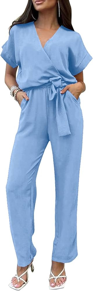 PRETTYGARDEN Women's Jumpsuit Casual Short Sleeve Wrap V Neck Belted Wide Leg Pants | Amazon (US)
