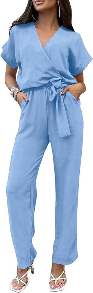 PRETTYGARDEN Women's Jumpsuit Casual Short Sleeve Wrap V Neck Belted Wide Leg Pants | Amazon (US)