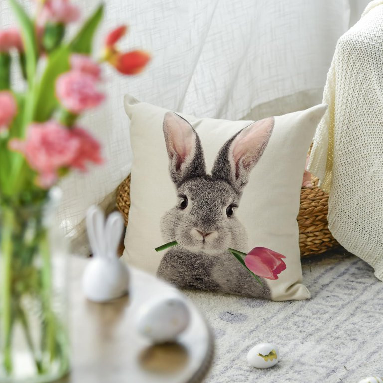 Sm:)e Easter Bunny Tulip Throw Pillow Cover, 18 x 18 Inch Spring Easter Gray Rabbit Cushion Case ... | Walmart (US)