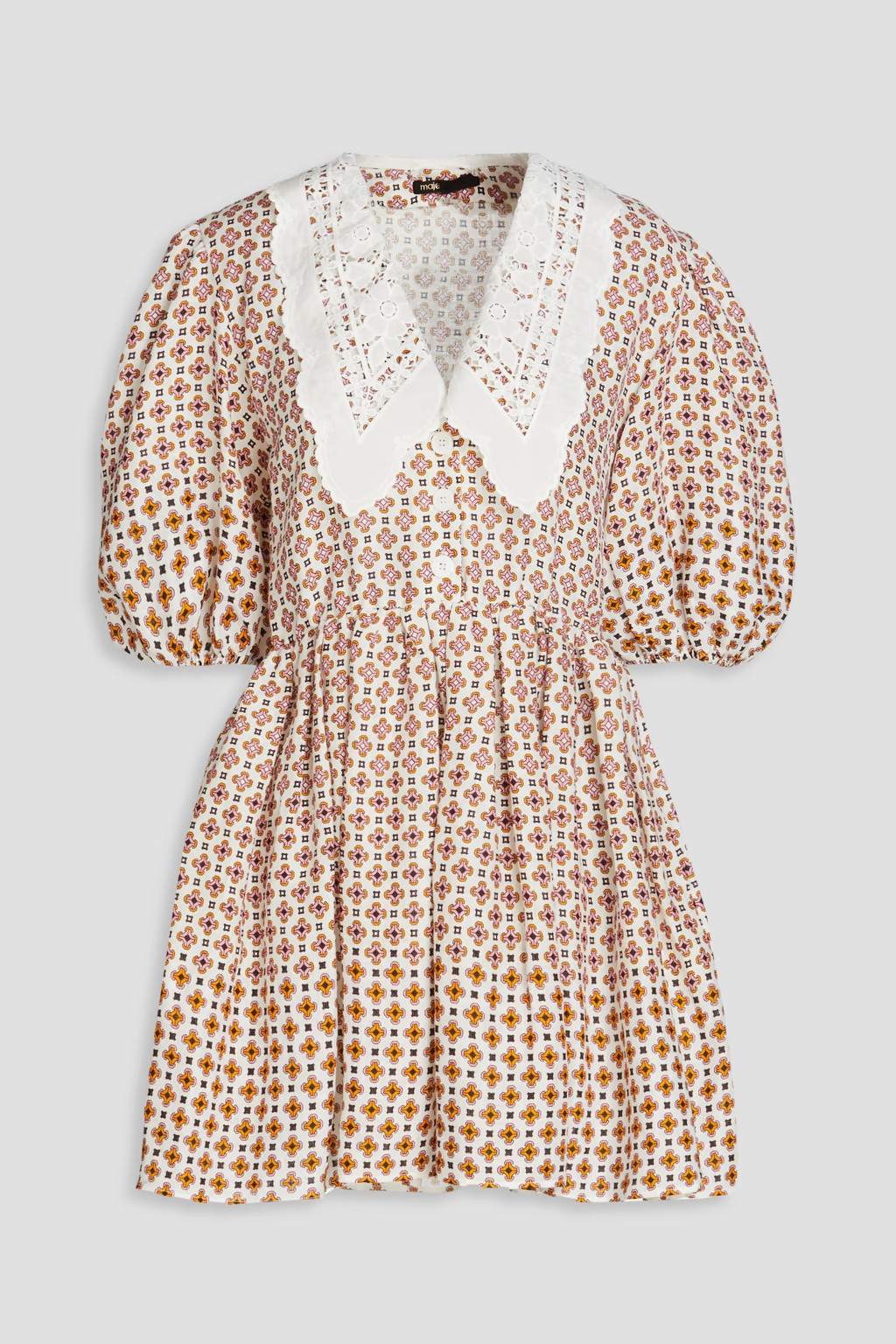 Guipure lace-trimmed printed linen mini dress | The Outnet (UK and Europe)