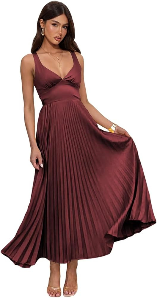 Pleated Satin Bridesmaid Dress V-Neck Backless Maxi Dresses for Women QA236 | Amazon (US)