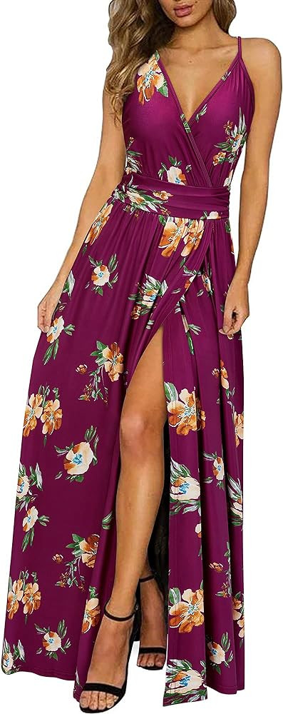 Newshows Women's 2024 Summer Maxi Dress Spaghetti Strap Spring Casual Boho V Neck Split Beach Lon... | Amazon (US)