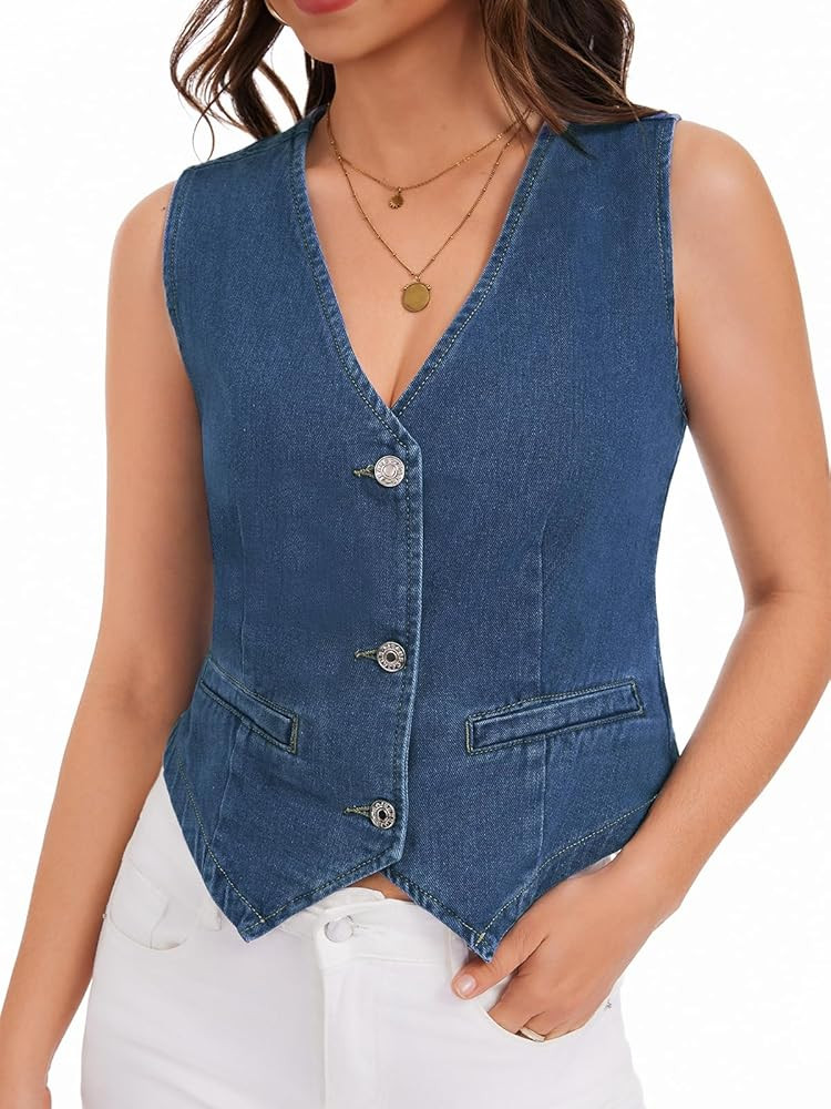 Womens Denim Vest Sleeveless V Neck Button Down Jean Jacket Y2K Summer Crop Tops | Amazon (US)