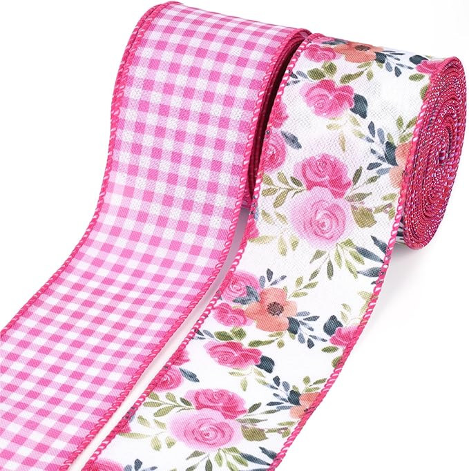 LaRibbons Floral Ribbon Wired 2 Rolls 2.5 Inch x 12 Yards TTL, Flower Pink and White Plaid Spring... | Amazon (US)