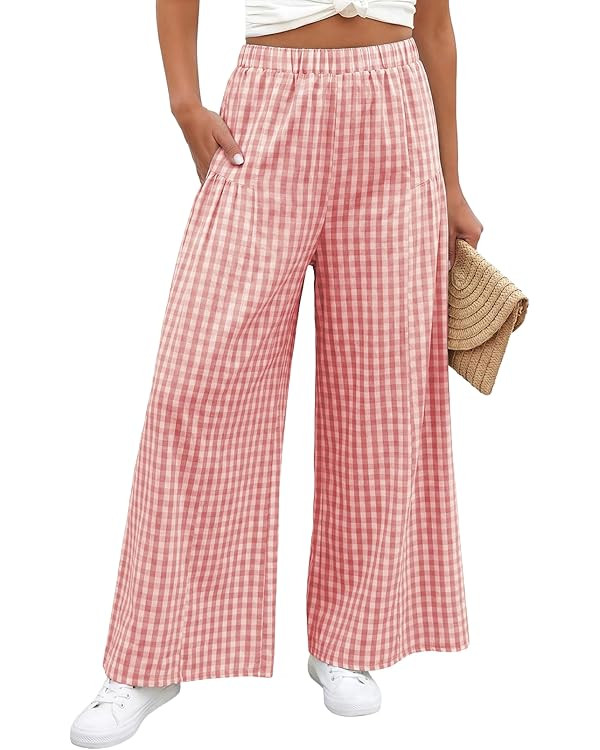 EVALESS Women's Wide Leg Palazzo Pants Casual Elastic High Waisted Cotton Gingham Plaid Culottes ... | Amazon (US)