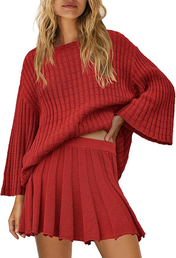 Yanekop Womens 2 Piece Sweater Skirt Set Loose Matching Lounge Sets Comfy Pajamas Set Long Sleeve... | Amazon (US)