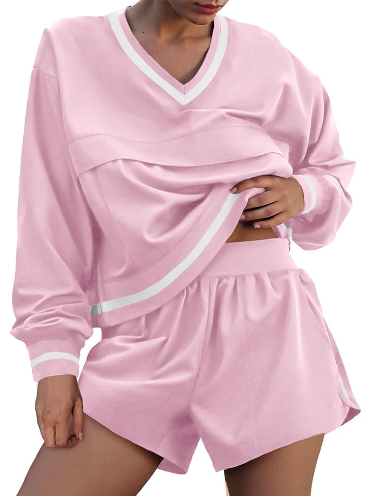 Fisoew Womens 2 Piece Outfits Long Sleeve V Neck Sweatshirt High Waist Running Shorts Sets Loose ... | Amazon (US)