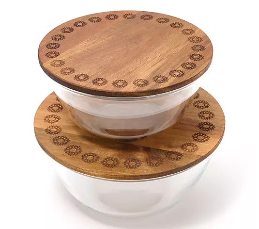 Aarti Sequeira 2-Pc Nestable Glass Serving Bowls w/Etched Acacia Wood Lid - QVC.com | QVC