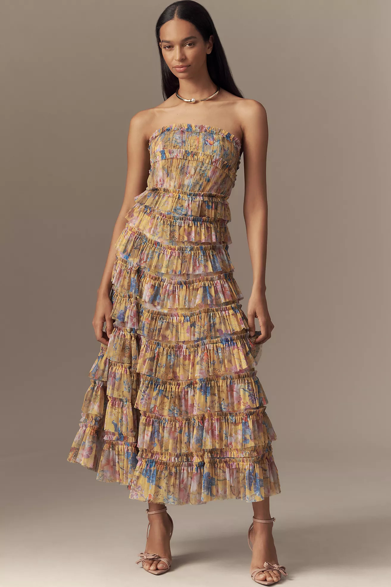 Mac Duggal Strapless Tiered Ruffled A-Line Midi Dress | Anthropologie (US)