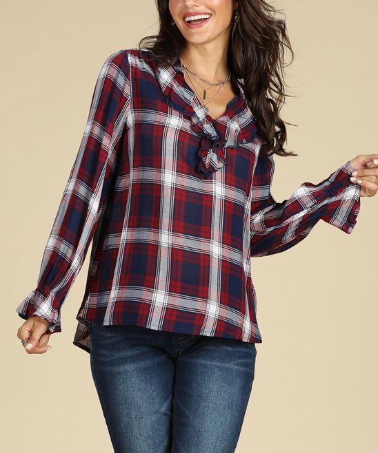 Navy & Red Plaid Ruffle-Accent Bell-Sleeve Tunic - Women & Plus | zulily