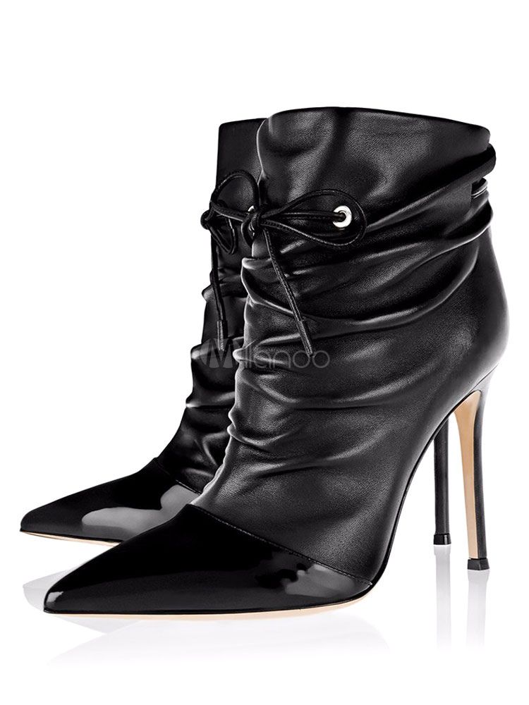 Women's Black Boots Pointed Toe High Heel Faux Leather Stiletto Booties | Milanoo