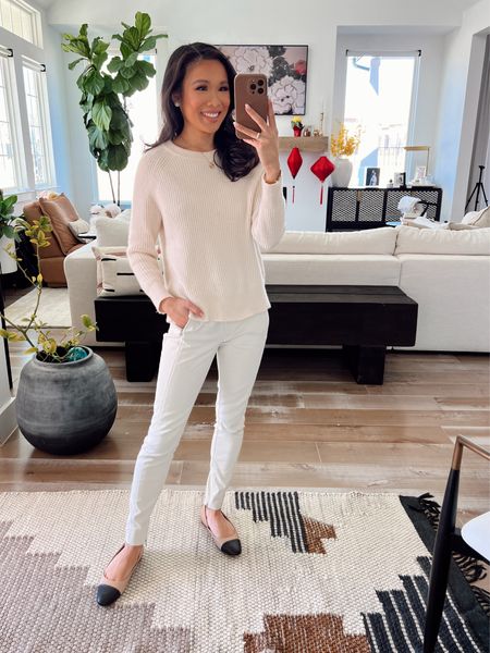 Winter outfit with ribbed cashmere crewneck sweater in size XS that is so comfy and the quality is great paired with stretchy skinny pants in size 00 that fit TTS! Perfect outfit for casual workwear, every day and more 

#LTKstyletip #LTKworkwear #LTKSeasonal