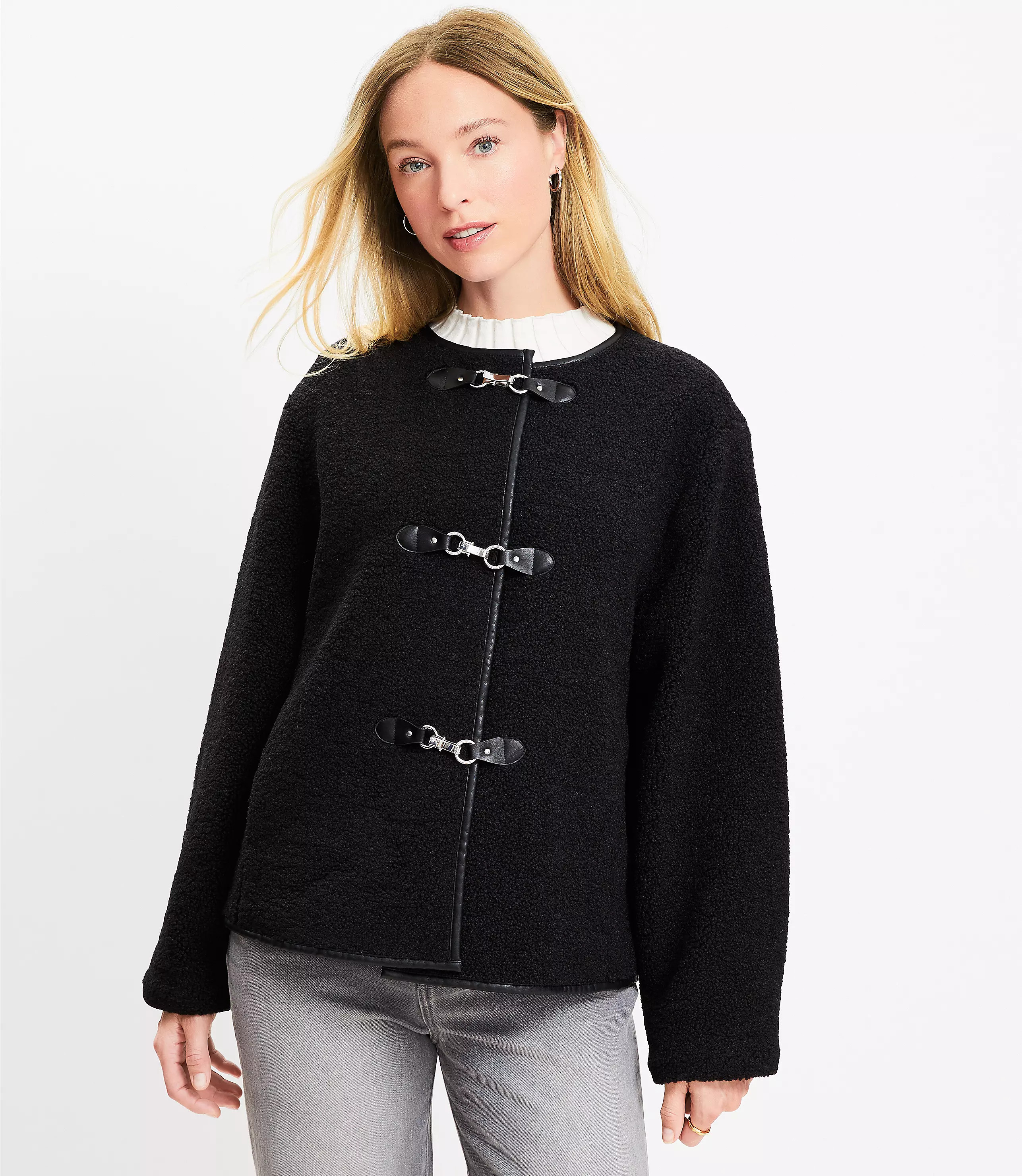 Petite Faux Leather Trim Shearling Toggle Jacket | LOFT