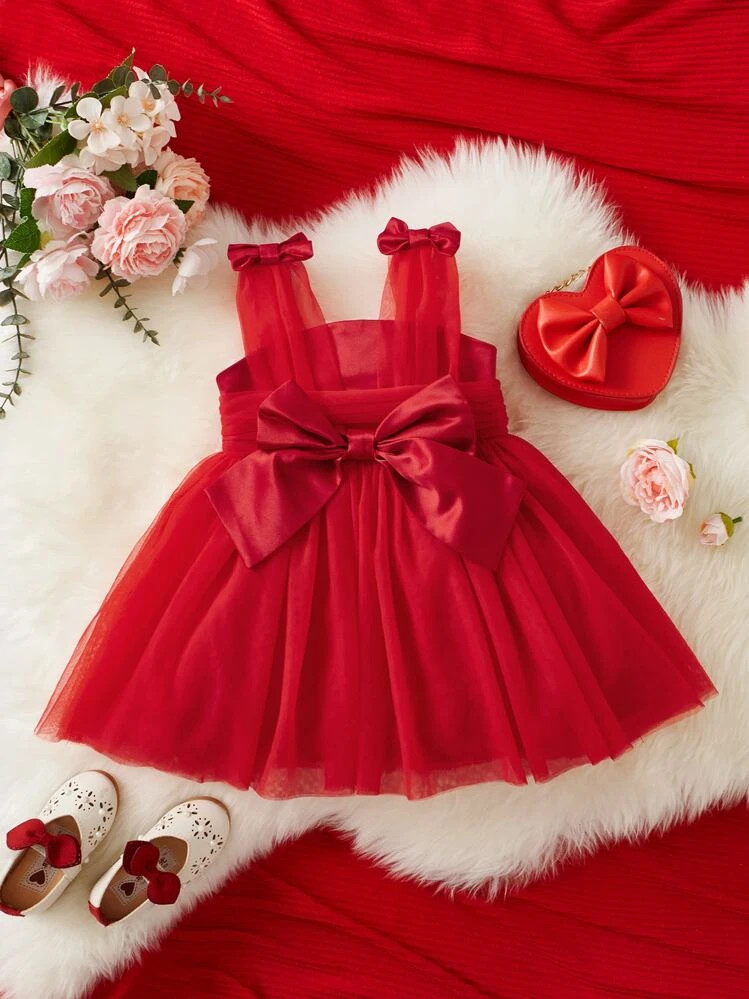 SHEIN Baby Girl Bow Shoulder Mesh Hem Dress Without Top | SHEIN