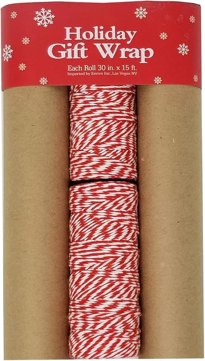 Classic Kraft Wrapping Paper Set – 3 Rolls + Red Baker’s Twine | Durable Brown Christmas Gift... | Amazon (US)